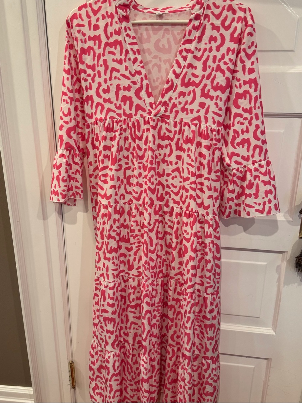 Pink and White Printed Tiered Maxi Dress